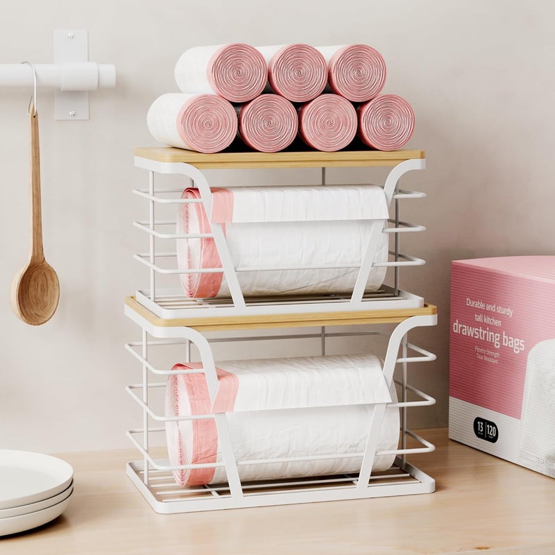 TIDIIABODE Store 2 Pack Stackable Laundry Room Organization and Storage, Laundry Room Decor and Accessories, Trash Bag Holder with Bamboo Top and Garbage Bag Dispenser, White - Image 3